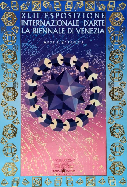 The official poster for the 1986 Venice Biennale, the XLII International Art Exhibition, headed 'Arte e Scienza' and ringed with polyhedra around a stellated solid.