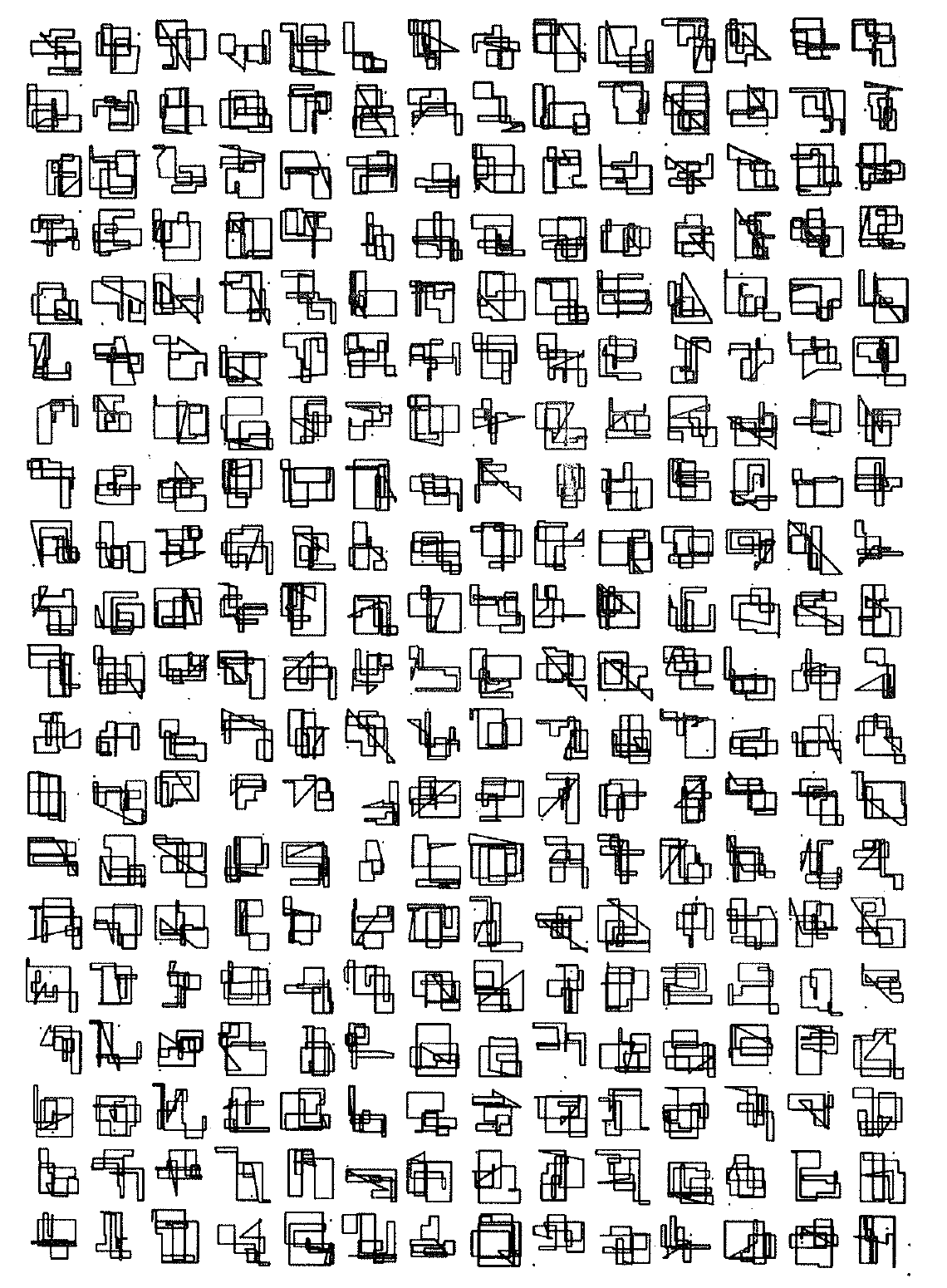 Twenty rows of fourteen small black line polygons, each formed from horizontal and vertical segments and a closing diagonal, reproduced from Nees's 1964 publication.