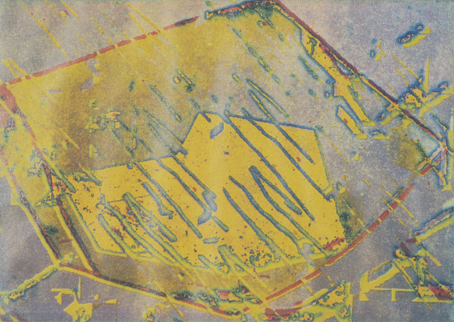 Darcy Gerbarg's DVI Series 1, a painterly digital image of yellow, red and blue strokes over a grey ground, from the SIGGRAPH art show archive.