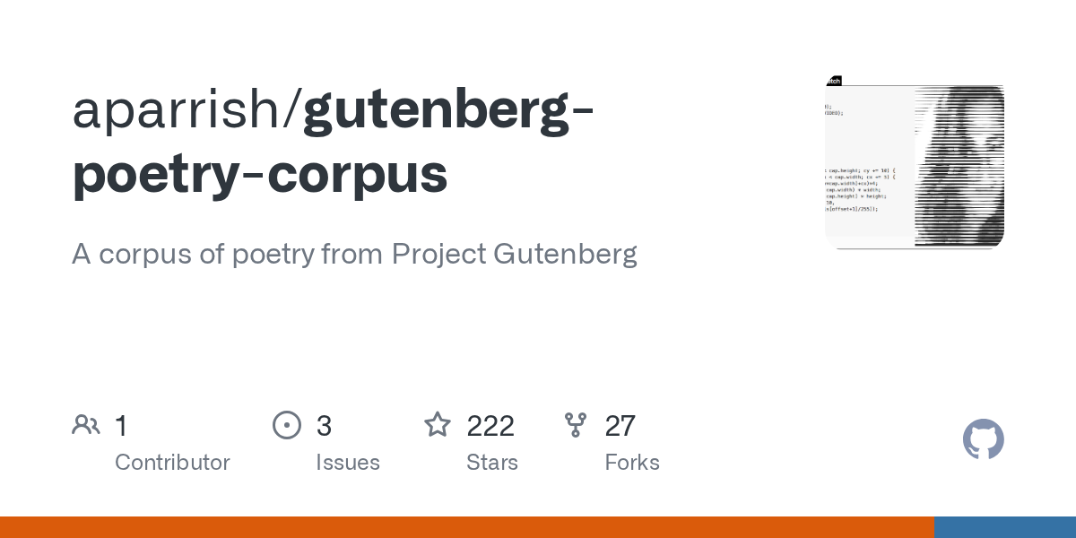 The GitHub social card for Allison Parrish's gutenberg-poetry-corpus repository, showing the repository name, description and the author's avatar; this is a screenshot-style card, not the corpus or any generated text.