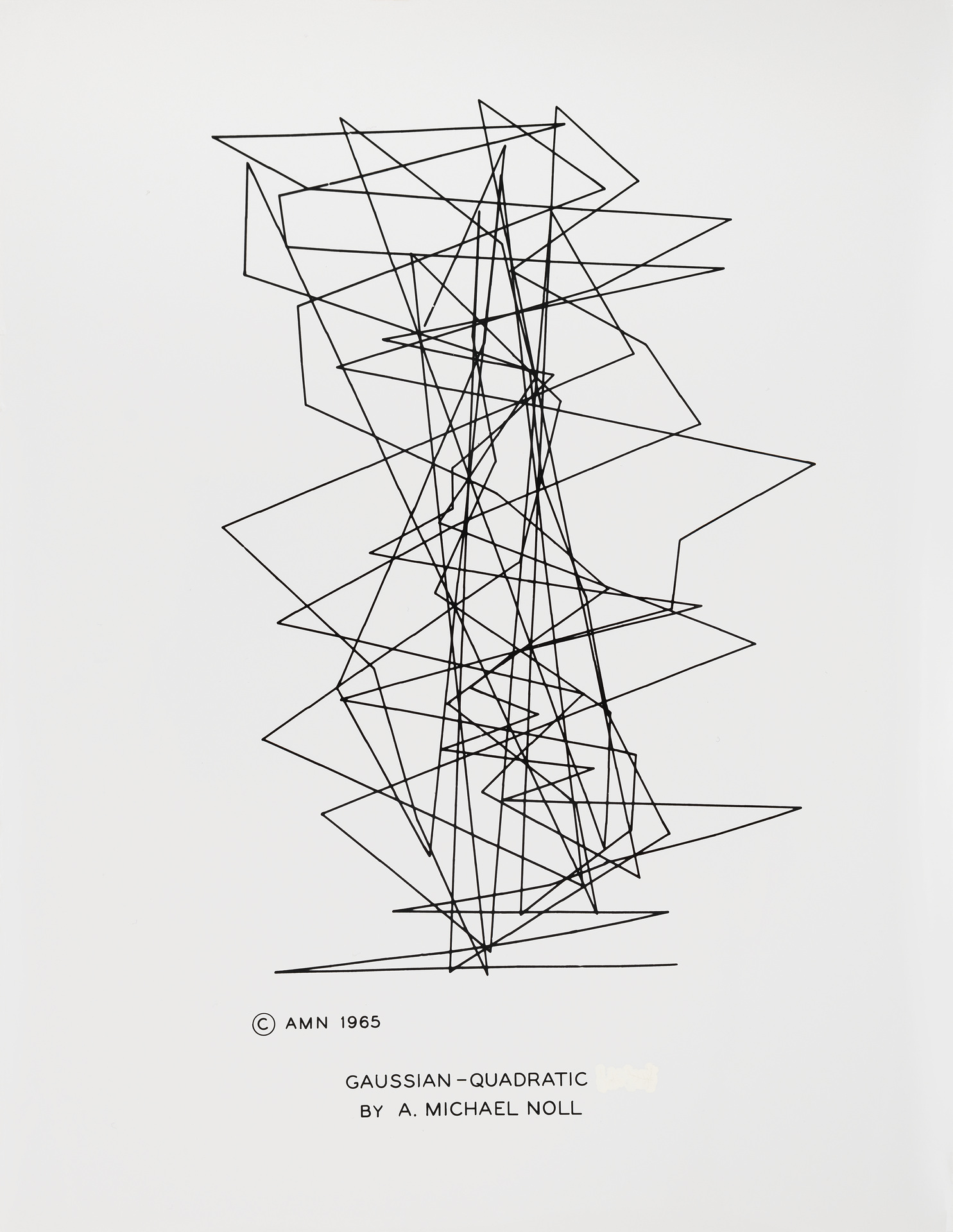A black line forms an irregular looping mesh of sharp angles on a white photographic print, labeled Gaussian Quadratic below.