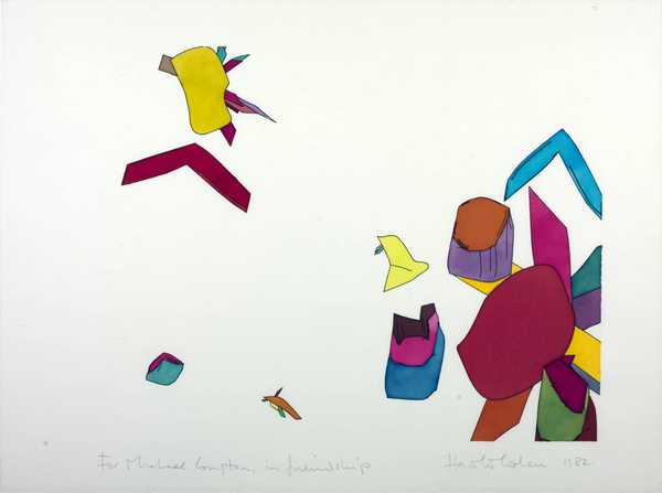 An AARON-generated drawing hand-coloured by Harold Cohen, dated 1982 and inscribed to the Tate curator Michael Compton; the drawing entered Tate's collection, and AARON itself drew live at the Tate the following year.