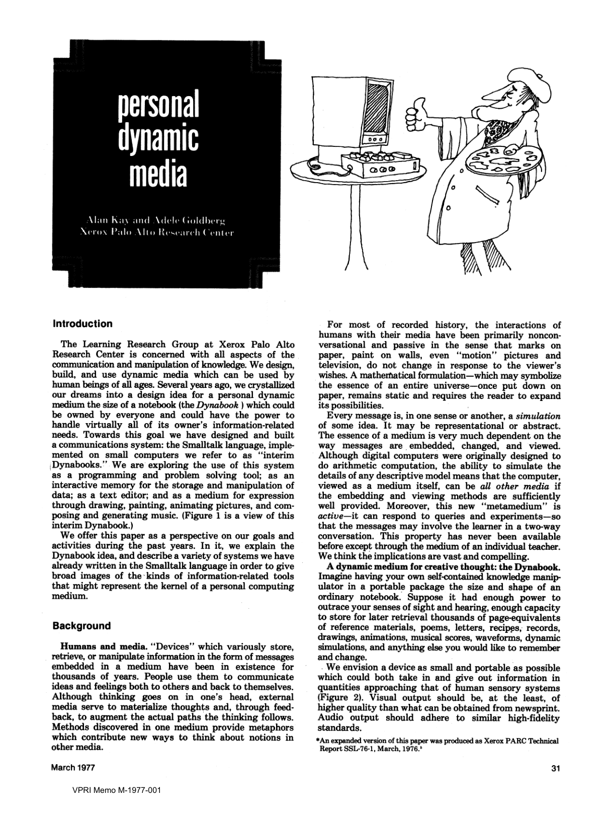 The original Personal Dynamic Media opening page pairs a black title block with a cartoon painter using a computer, above two columns of text.