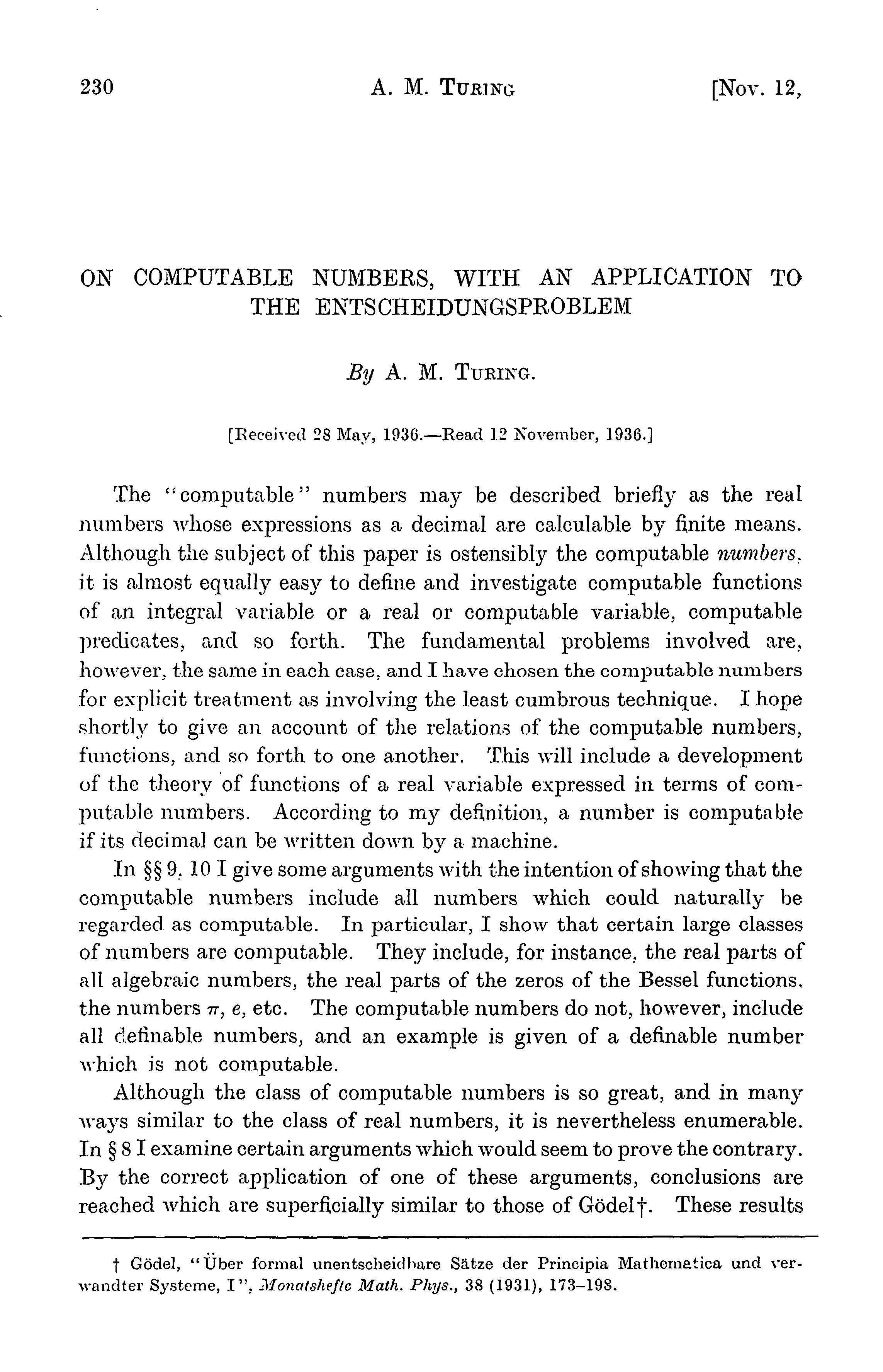 Original printed page with Turing’s name, On Computable Numbers title and the 1936 received and read dates above the introduction.