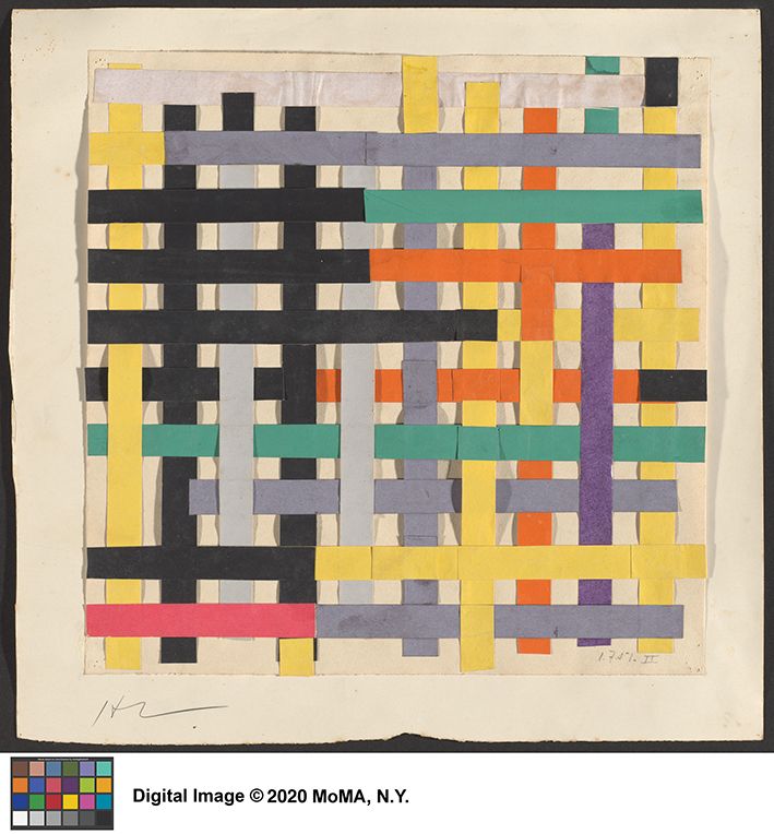Overlapping horizontal and vertical paper strips in black, gray, yellow, red, purple and green, with the source’s color chart and MoMA credit below.