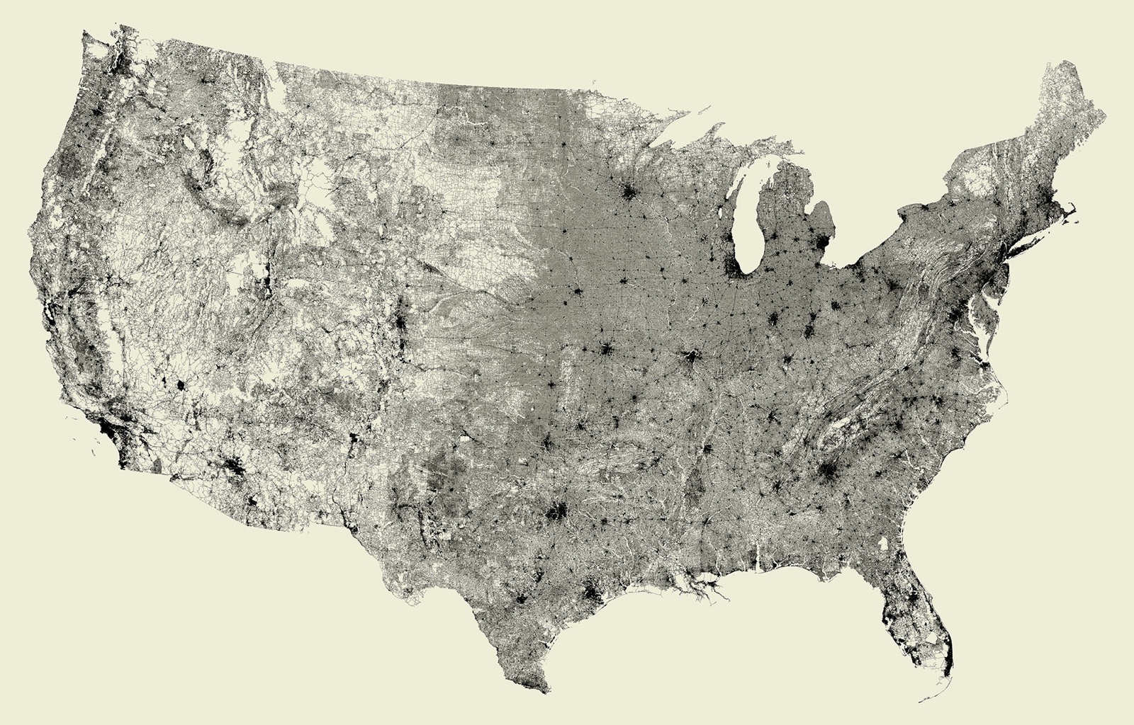 Ben Fry's All Streets: every road in the lower 48 states drawn from US Census Bureau TIGER/Line data, with no state outlines, so population density and mountain ranges emerge from the road network alone.