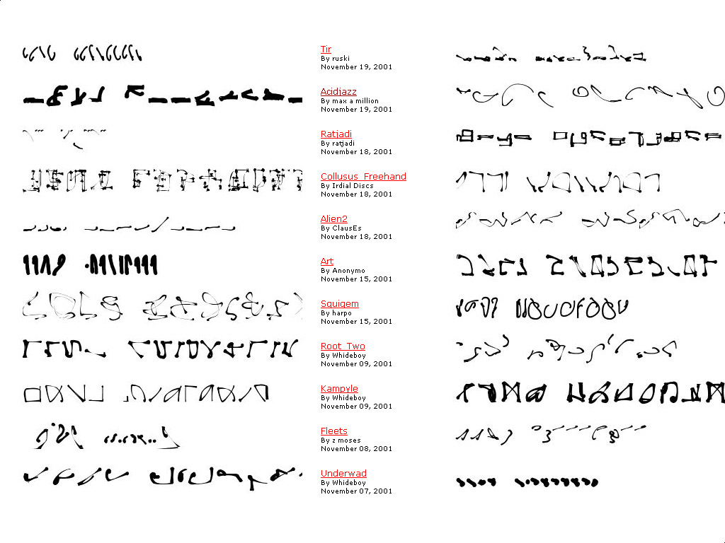 A screenshot of The Alphabet Synthesis Machine's public archive, listing user-created alphabets by name, author and date (November 2001) beside samples of each invented writing system.