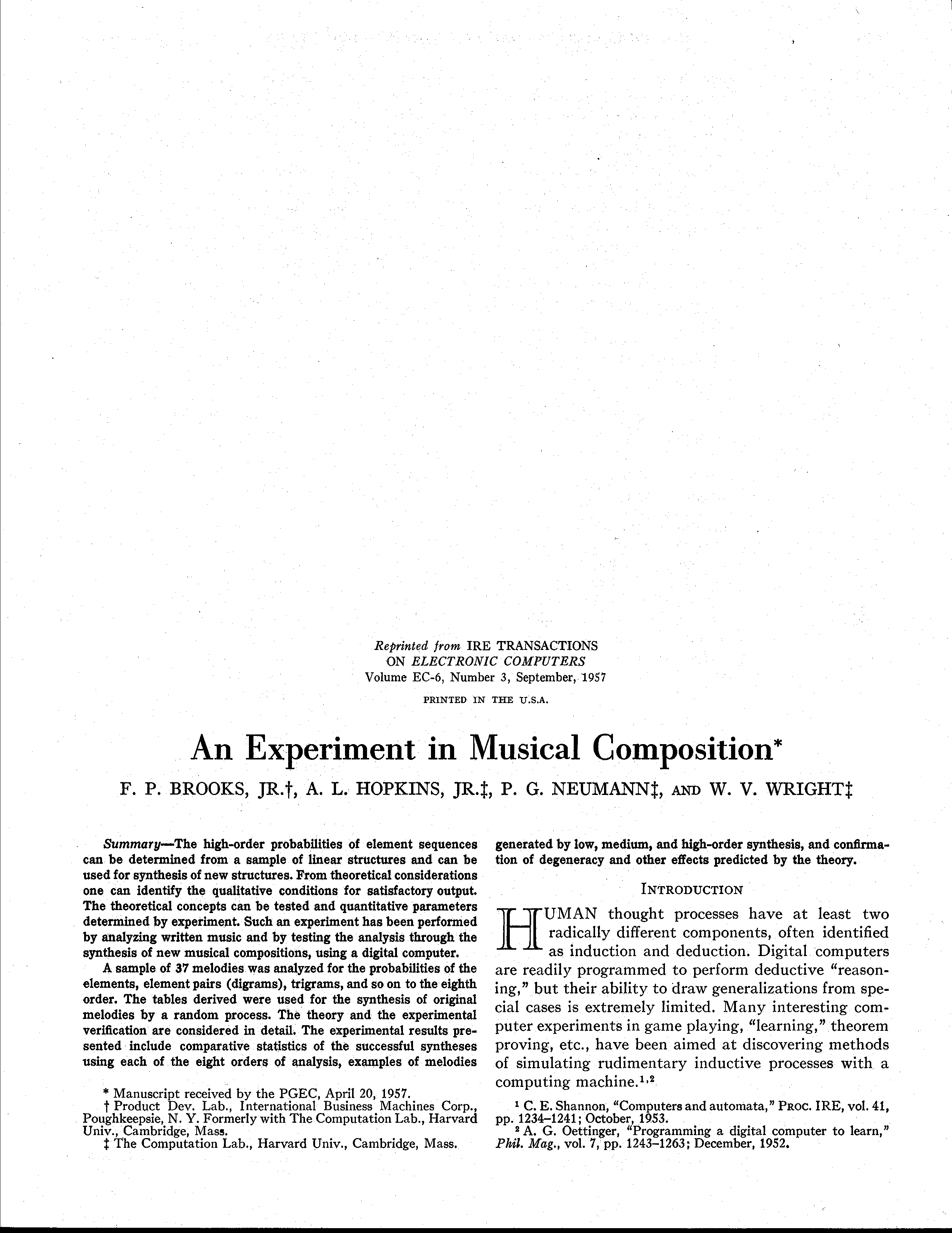 Original offprint page with the article title and four authors above a two-column summary and introduction on computer-generated musical composition.