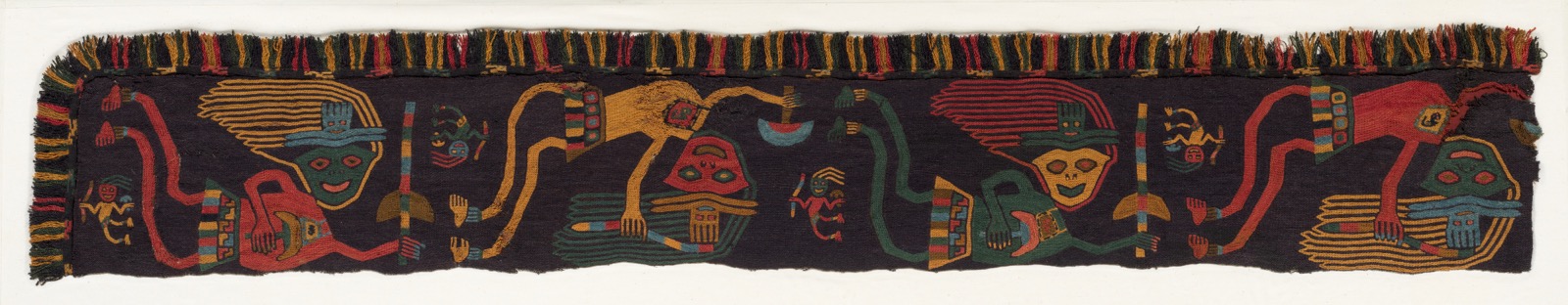 An embroidered Paracas border fragment from the south coast of Peru, its repeating figural and geometric bands worked in camelid hair on cotton.