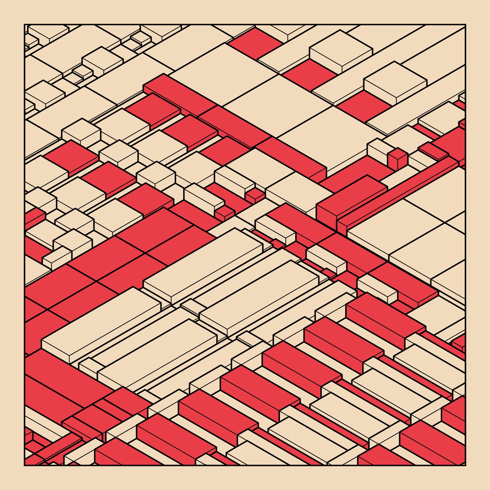 Archetype #0 by Kjetil Golid: a red and cream field of subdivided rectangles rendered as shaded isometric blocks inside a thin frame, showing the project's Framed, Shading and Scene properties in play.