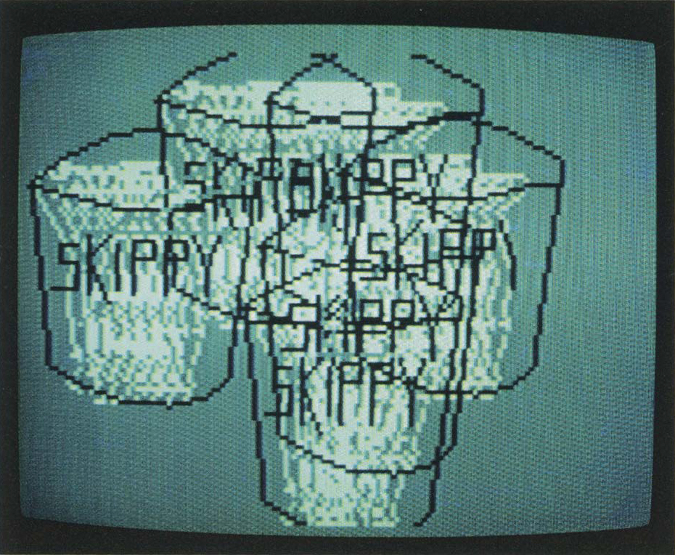 A still from Copper Giloth's computer animation Skippy Peanut Butter Jars (1980), one of the Chicago works presented in MoMA's 1982 exhibition Art and Technology: Chicago Video.