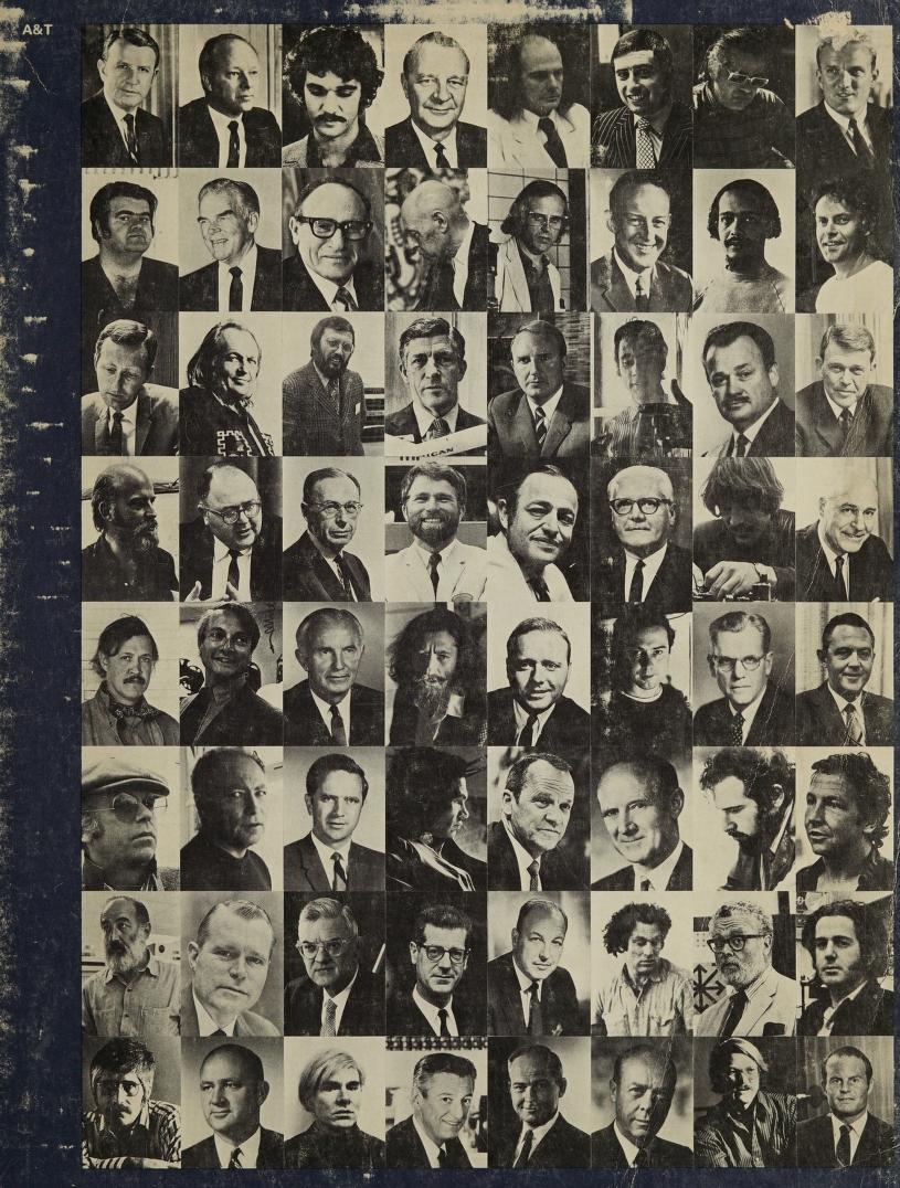 The front cover of LACMA's Art and Technology report, a grid of black-and-white portraits of the artists and industry figures who took part.