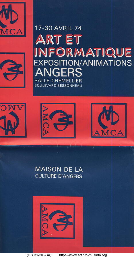 Red and dark blue exhibition poster reading Art et informatique, Angers, 17–30 avril 74, with repeated AMCA emblems.