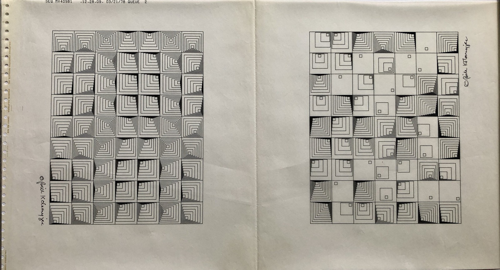 A 1978 plotter drawing by William J. Kolomyjec, who coordinated and organized Art In/Art Out; this is a work of his from the period, not a view of the exhibition.