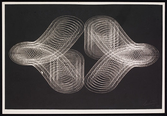 Mirrored loops of fine white lines form two luminous oval structures against a black field.
