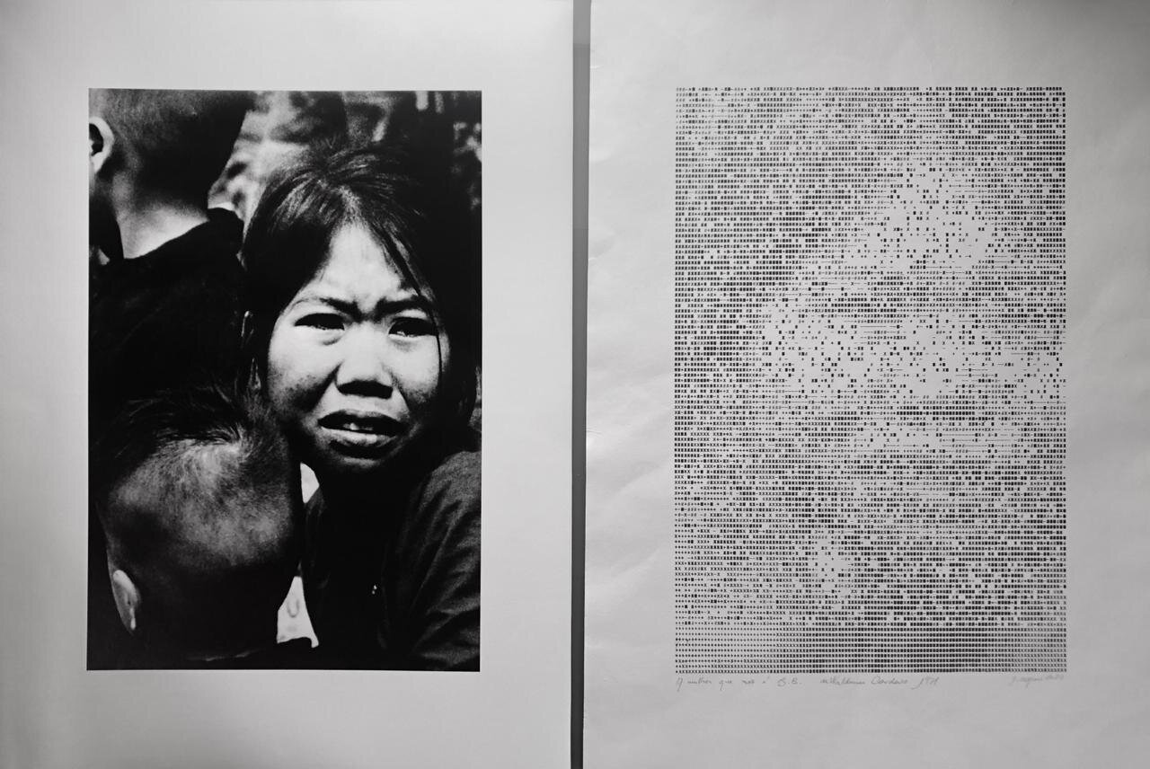 Not the book: Cordeiro's Arteônica-period work A Mulher que não é B.B. (1971), the press photograph of a Vietnamese woman shown beside the line-printer version Cordeiro generated from it.
