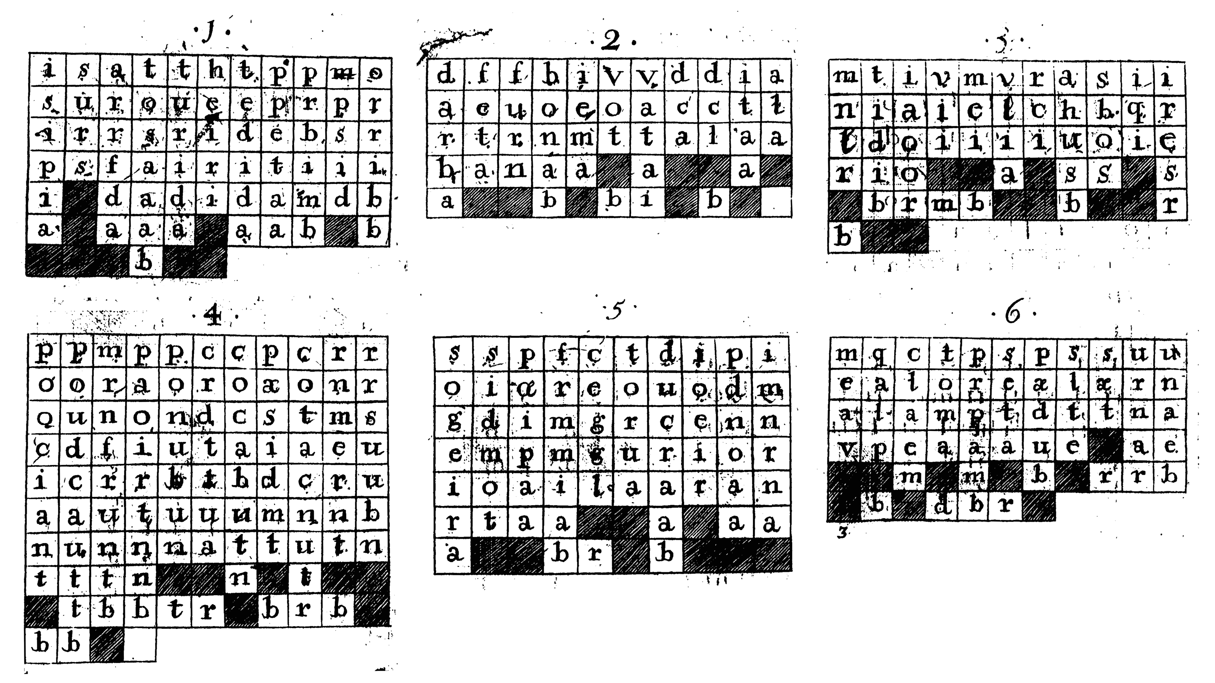 Six numbered grids of Latin letters and dark stopping cells used to generate hexameter verse.