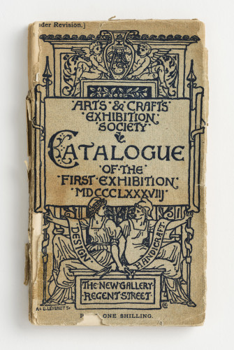 Cream catalogue cover with intricate dark blue ornamental figures surrounding the exhibition title and the date 1888.