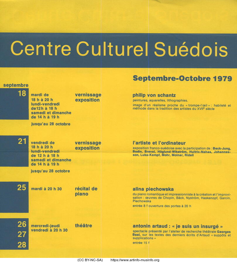 Yellow and blue Swedish Cultural Centre programme for September–October 1979, listing L’artiste et l’ordinateur on 21 September and its participating artists.