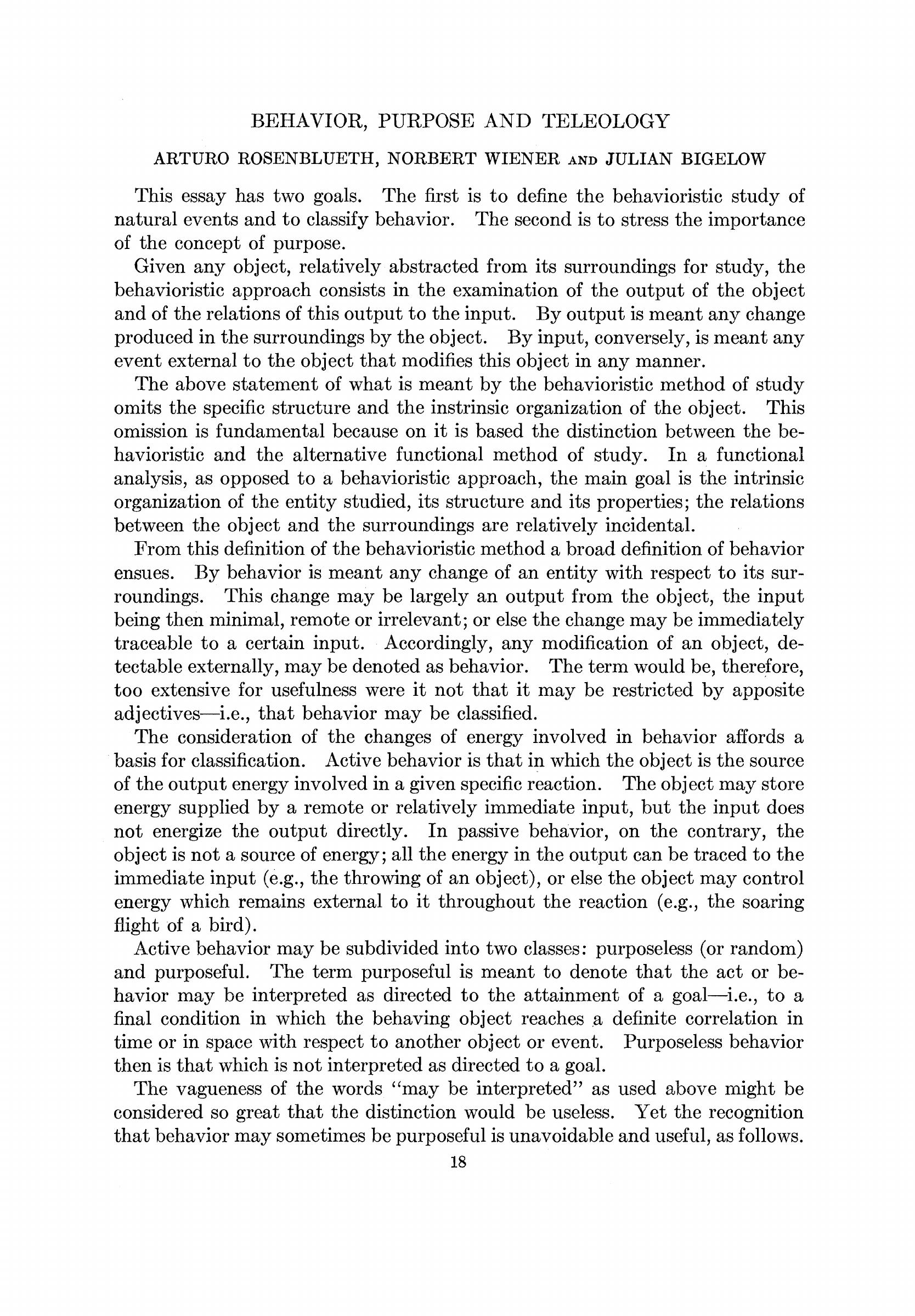 Opening page of “Behavior, Purpose and Teleology,” with the title, three authors and printed page number 18.