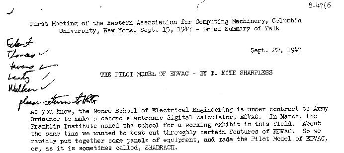 Typewritten first-meeting minutes describing an EDVAC presentation, with handwritten Watson Laboratory circulation names at left.
