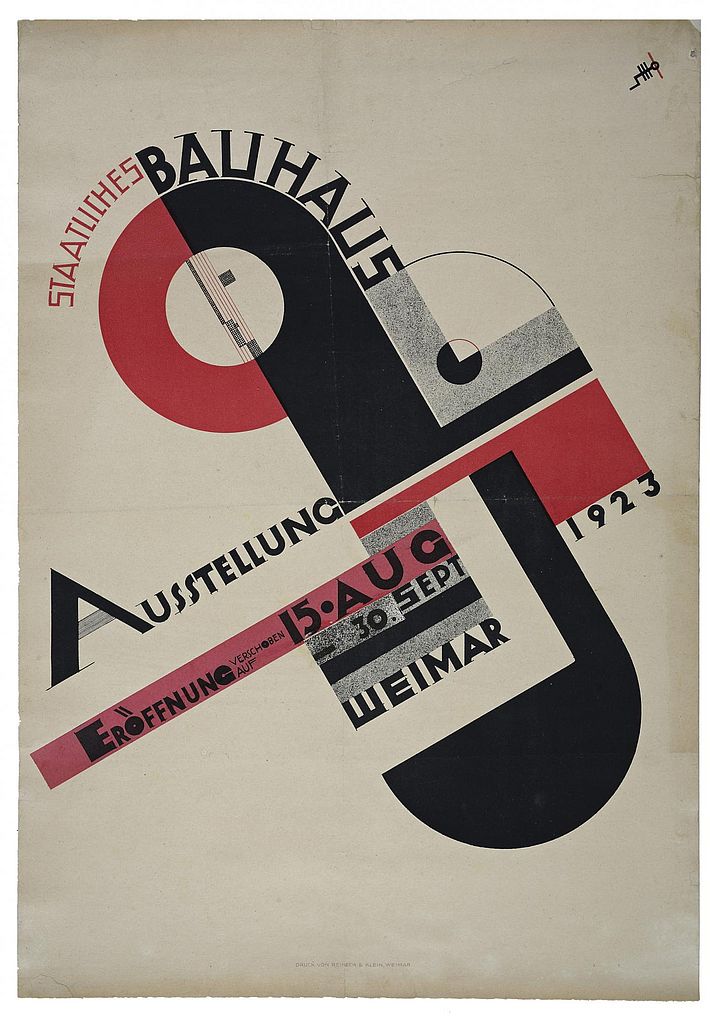 Red and black geometric Bauhaus exhibition poster with diagonal lettering and a stylized head.