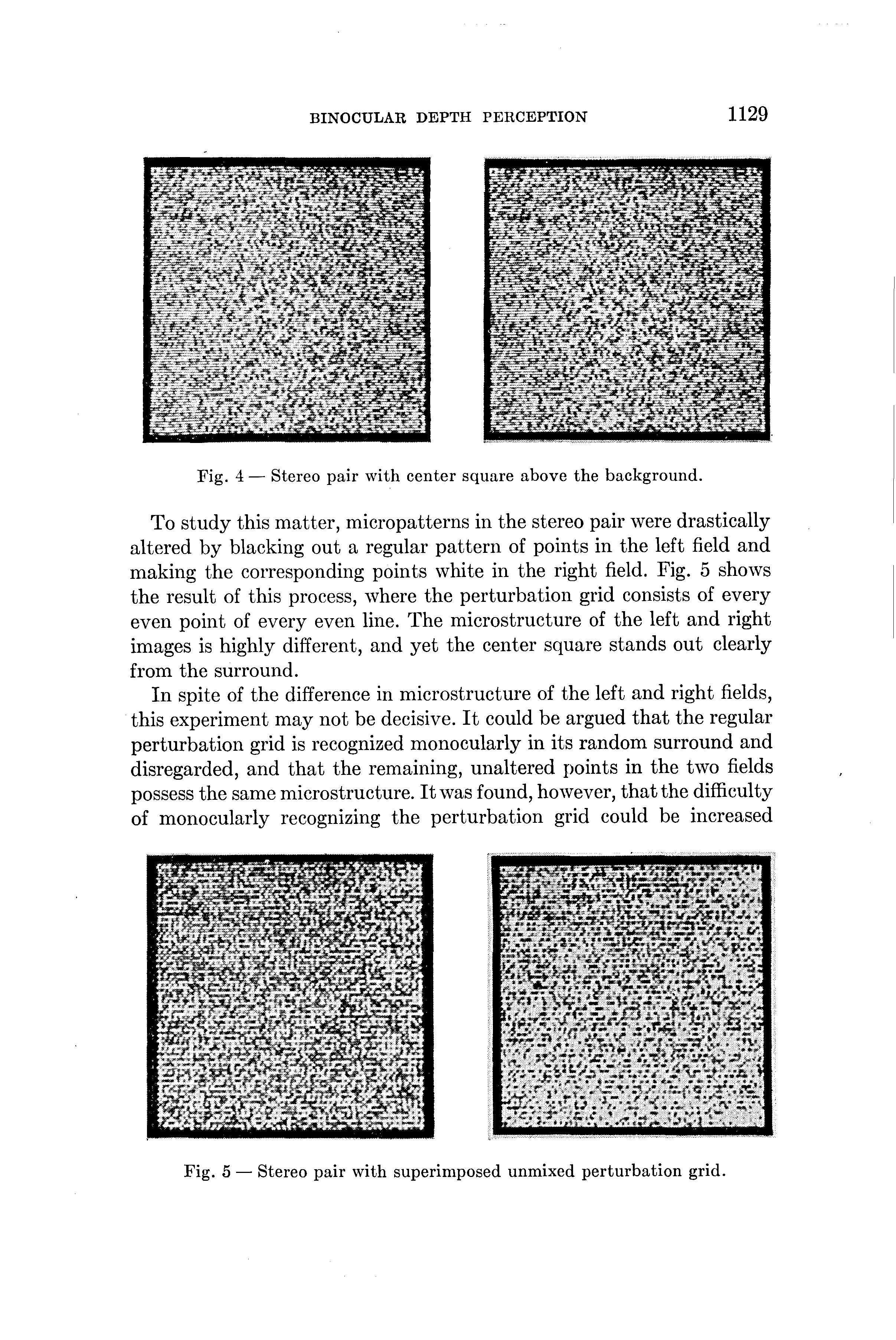 Original journal page with a pair of random-dot images, a diagram showing the central square displacement, and an explanatory paragraph.