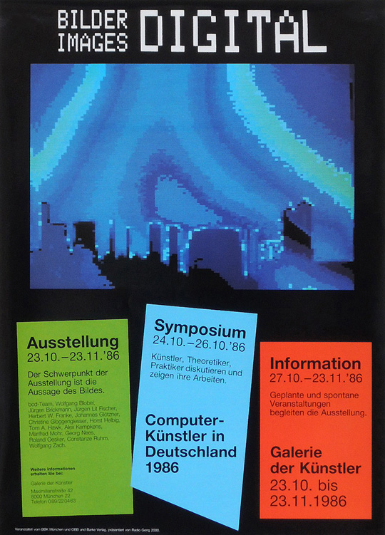 Black 1986 exhibition poster with blue digital landscape and green, blue and orange panels giving the exhibition and symposium dates.
