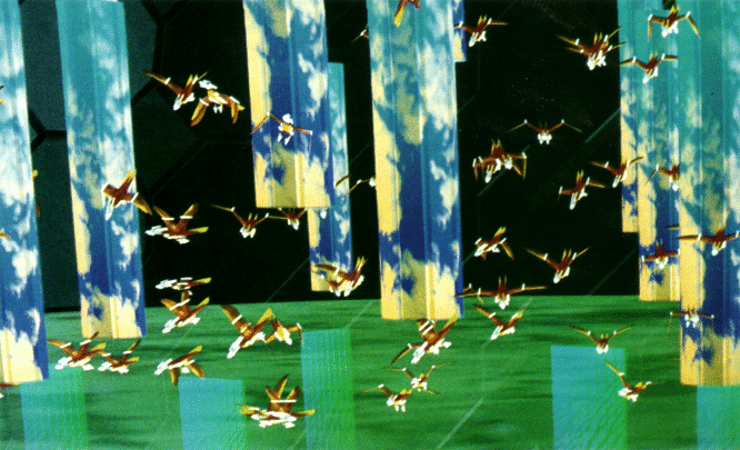 Computer-simulated birds flock among tall cylindrical obstacles.