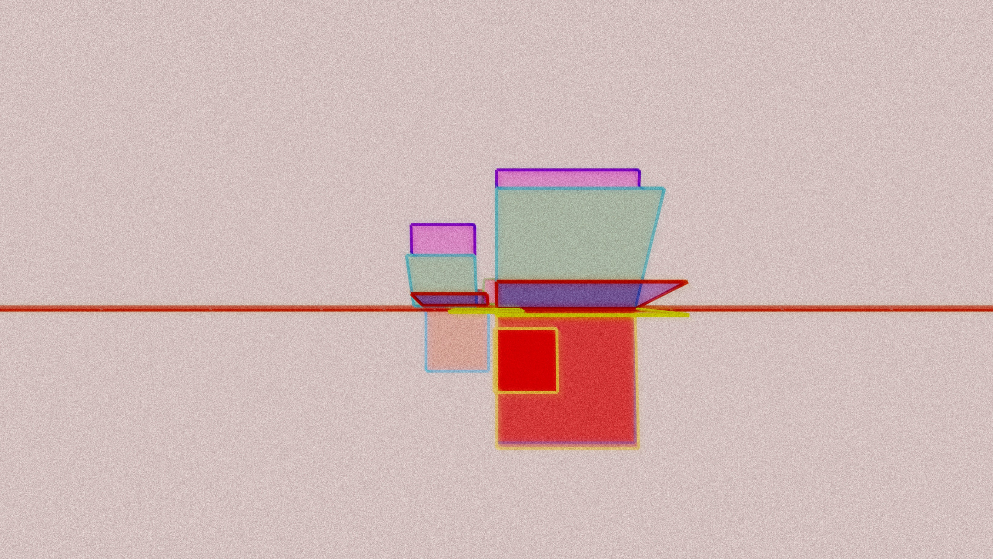 Translucent red, turquoise, purple and yellow geometric planes intersect a fine horizontal line against a pale pink field.