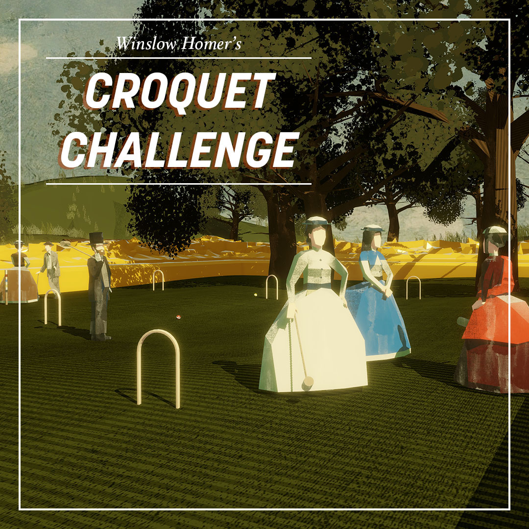 A still from Mitchell F. Chan's Winslow Homer's Croquet Challenge, one of the sixteen tokenized works the Buffalo AKG acquired from Peer to Peer: a game-engine lawn where figures in nineteenth-century dress play croquet beneath a title card in Homer's period lettering.