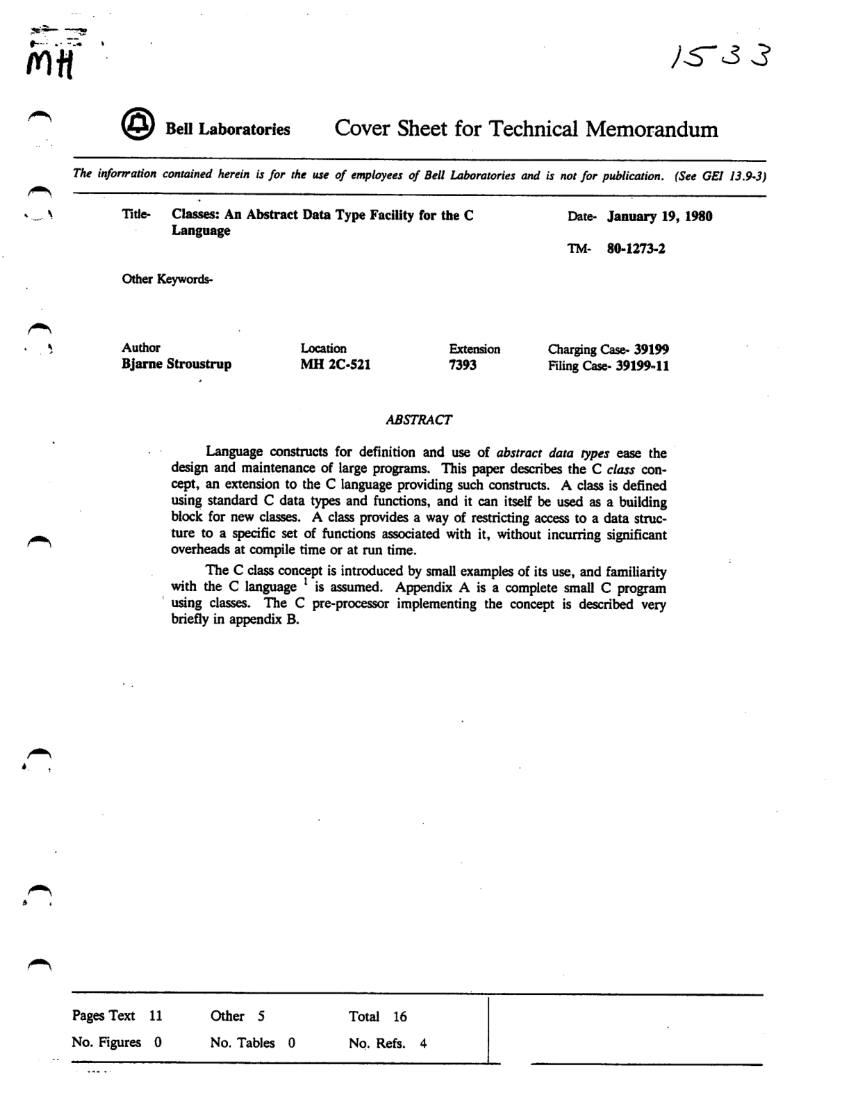 Original Bell Laboratories report cover, Classes: An Abstract Data Type Facility for the C Language.
