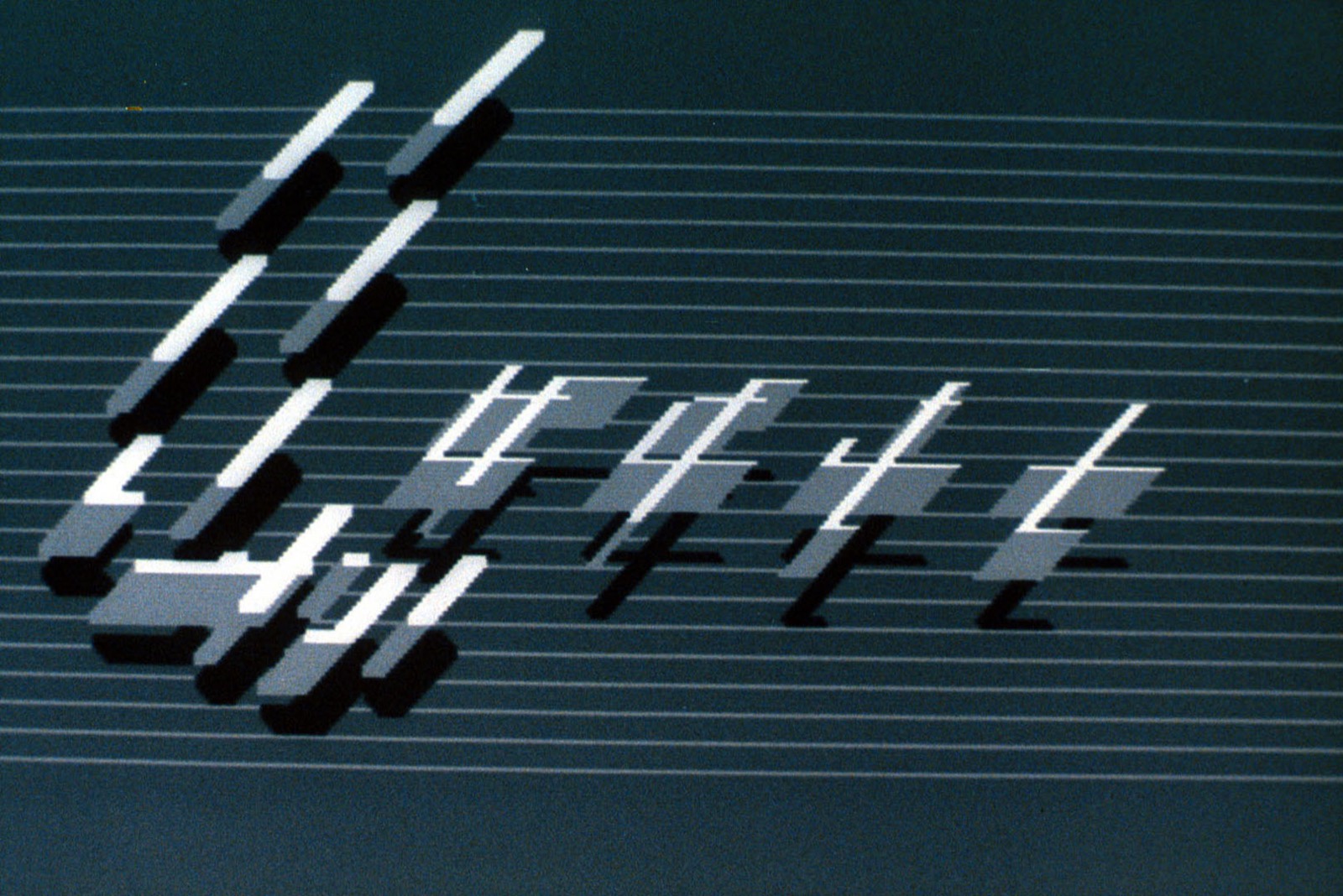A frame from Larry Cuba's Calculated Movements (1985), showing the solid bar-forms he could build once he moved to the raster-graphics Datamax UV-1 and Tom DeFanti's ZGRASS language.
