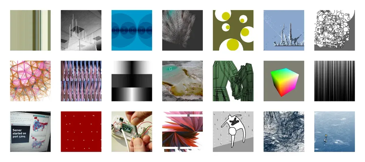 Three rows of early Processing examples show colourful geometry, three-dimensional forms, photography and electronic experiments.
