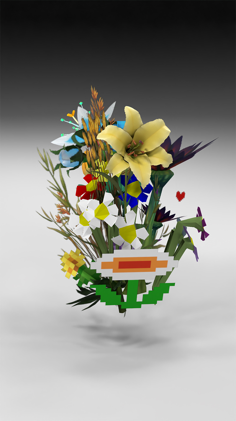 A digital bouquet assembled from contrasting realistic and geometric flowers against gray.