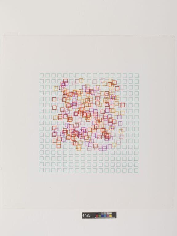 Frieder Nake's plotter drawing Quadrate werden rot (1966) from the V&A's computer art collection, the collection Chance and Control was drawn from; this is a work, not a view of the exhibition.