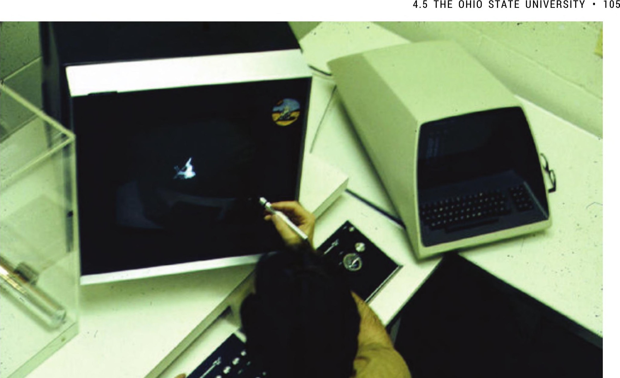 Charles Csuri working with a light pen at a Vector General display, as reproduced in Carlson's history of computer graphics.