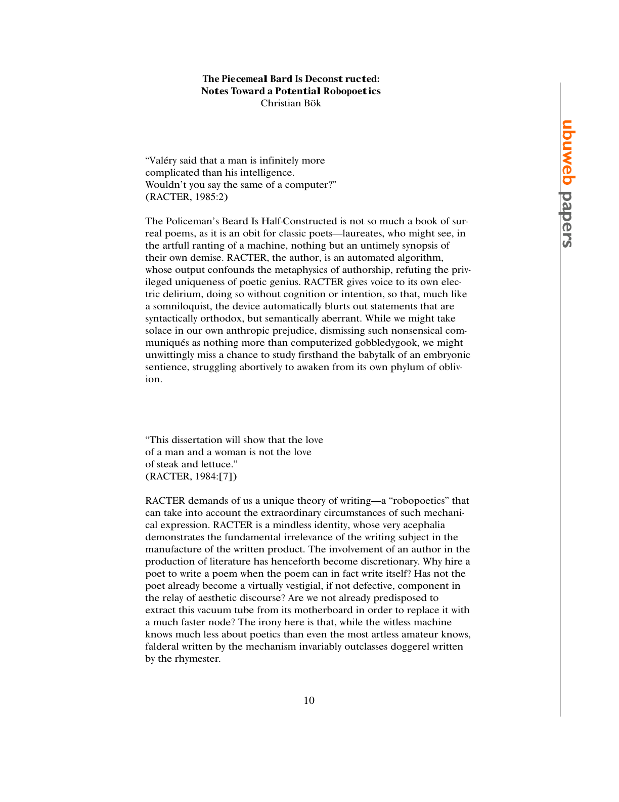 Opening essay page showing Christian Bök’s name, the full title and a vertical UbuWeb Papers masthead.