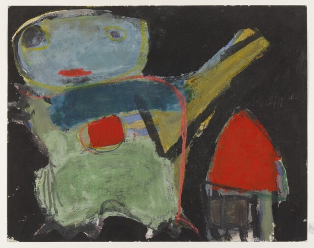 A large childlike figure with a blue face, red mouth and green body stands beside a small red-roofed house against a black background.