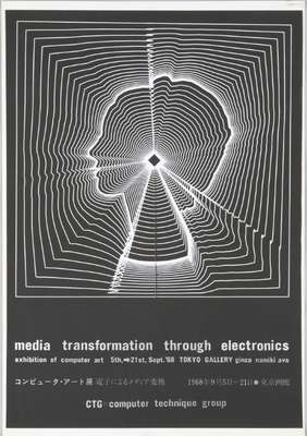 The poster for Computer Art: Media Transformation through Electronics - a computer-drawn contour head in white line on black, above the dates 5-21 September 1968 at the Tokyo Gallery, Ginza.