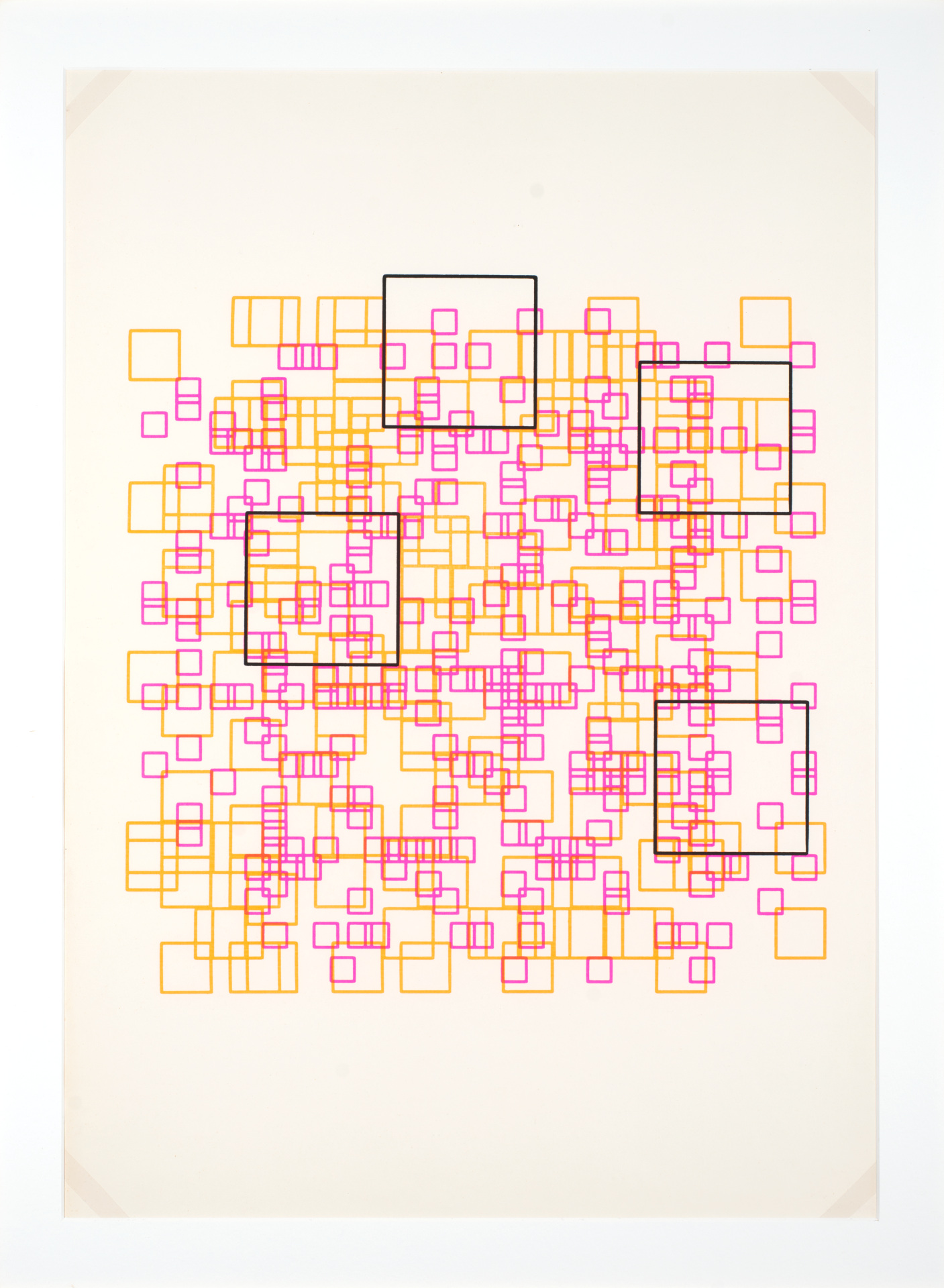 Overlapping magenta, orange and black square outlines form a computer-generated pattern on cream paper.