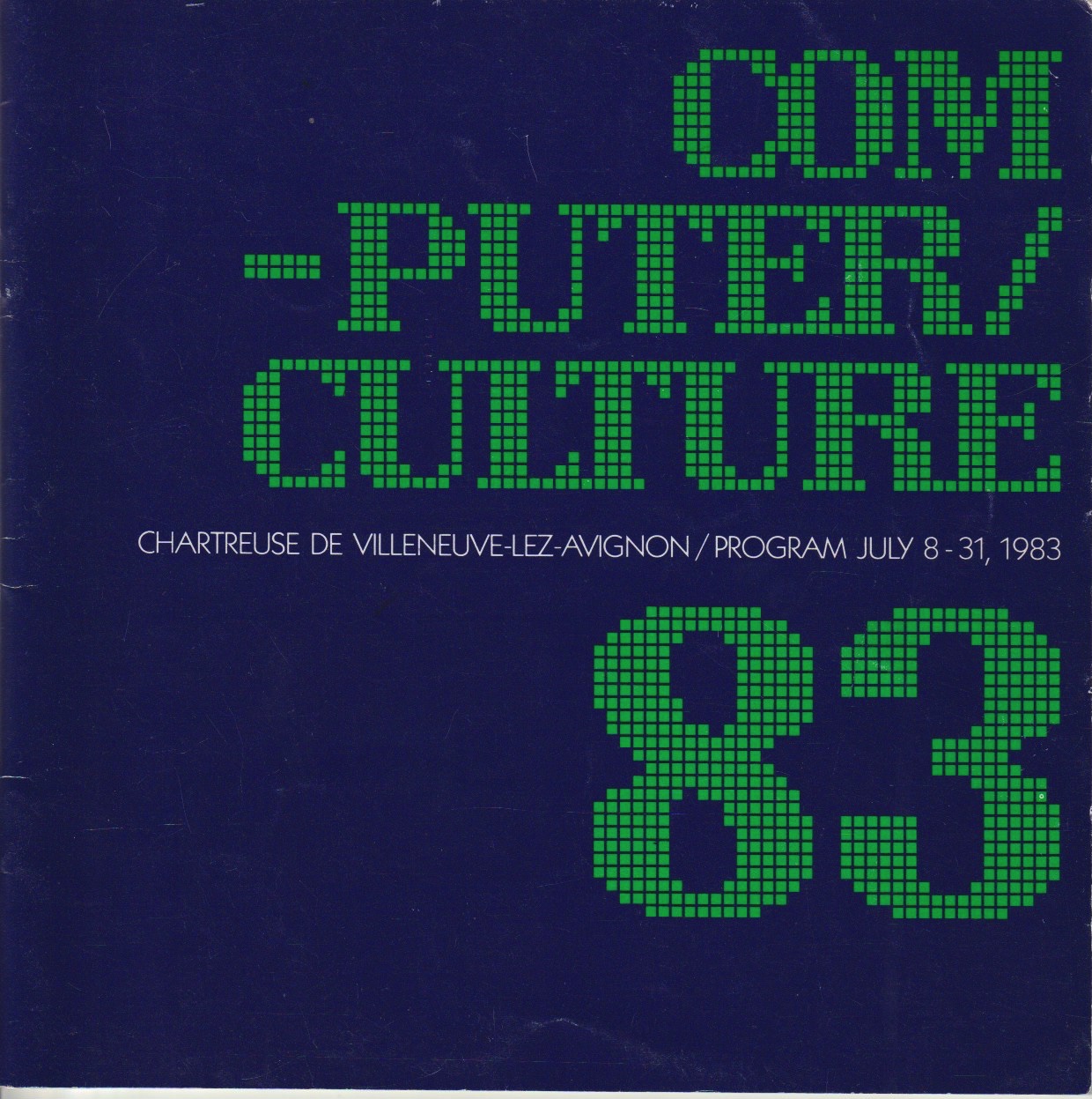 Dark blue programme cover with bright green pixel lettering and the venue and July 1983 dates in white.