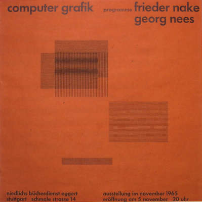 The orange cover of the announcement for computer grafik by Frieder Nake and Georg Nees at Galerie Wendelin Niedlich, Stuttgart, opening 5 November 1965 at 8pm.