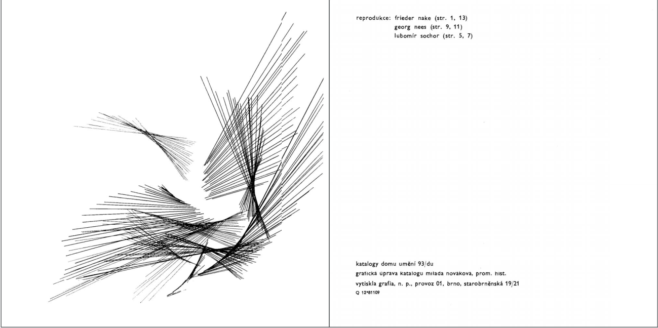 Two black-and-white catalogue covers, with an angular line drawing on the left and reproduction credits on the right.