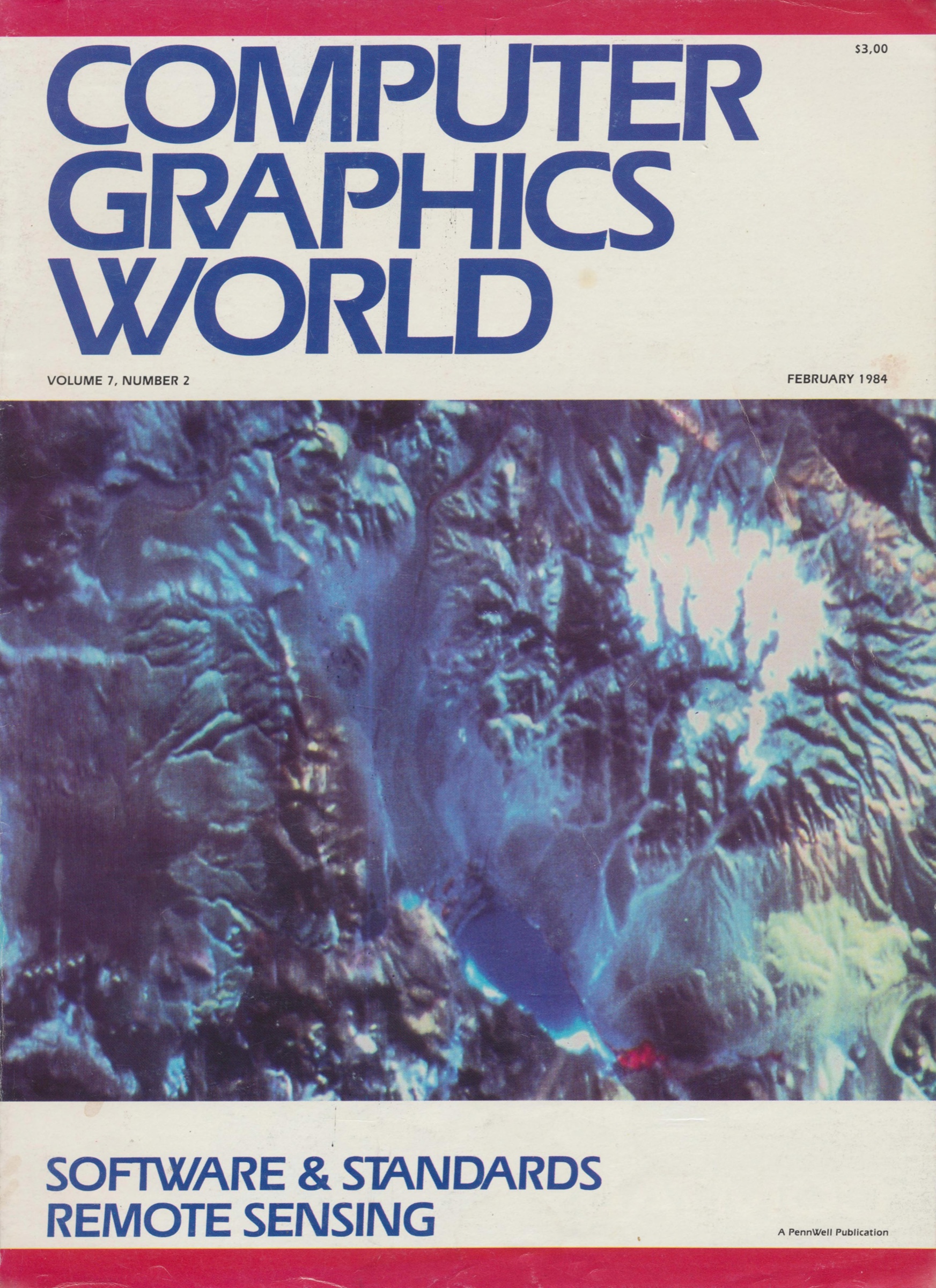 The February 1984 Computer Graphics World cover, with bold blue typography and violet-and-cyan satellite imagery of Cerro Galán, framed by red bands.