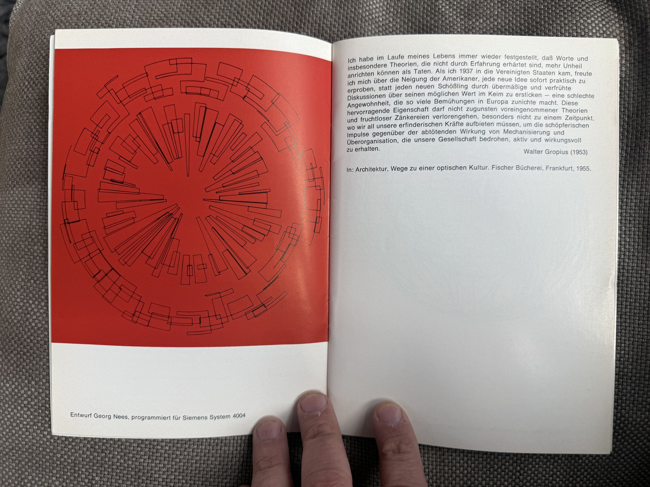 Open exhibition catalogue with a red plate of concentric, irregular geometric outlines and a facing text by Walter Gropius.