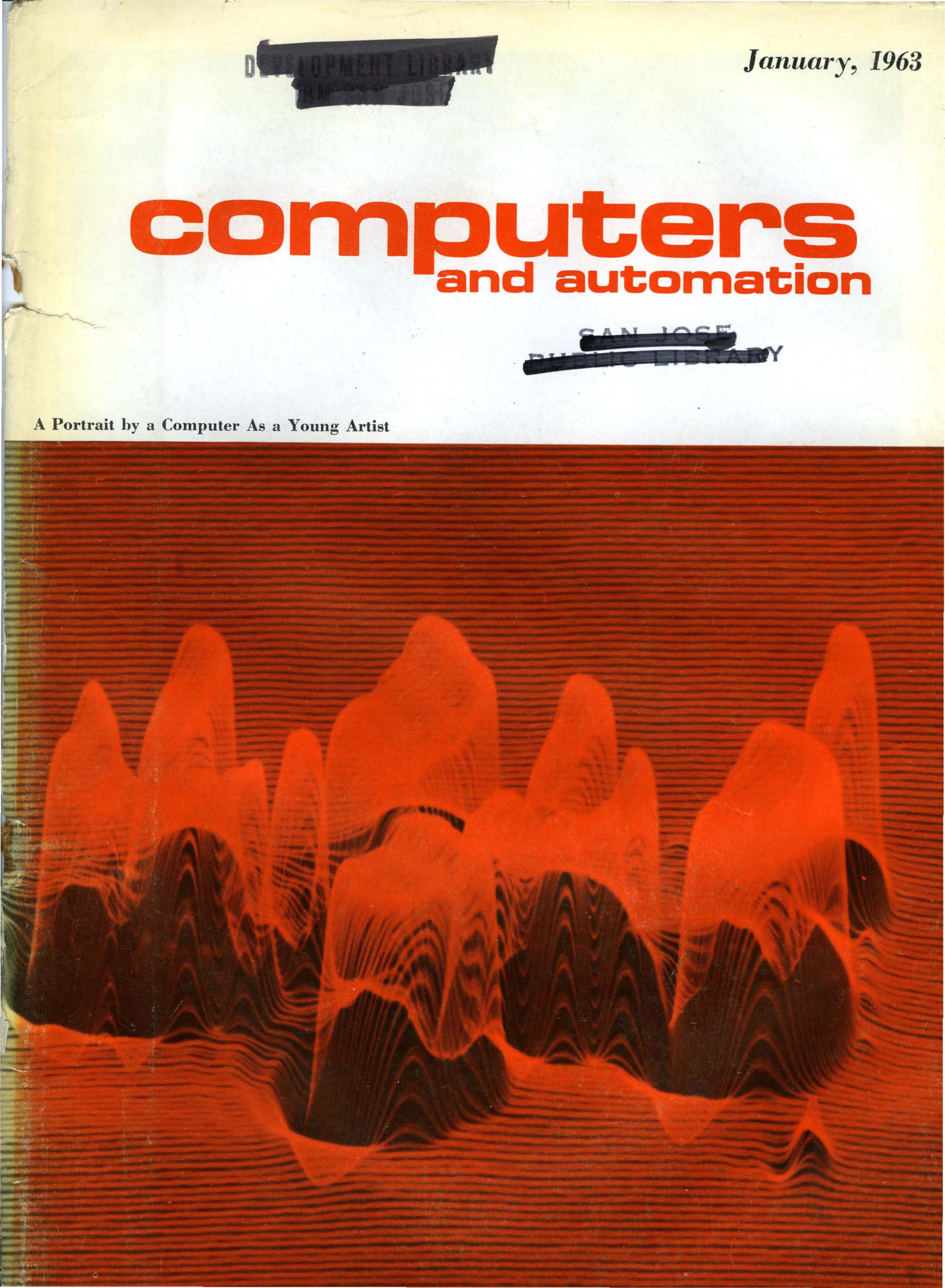 January 1963 Computers and Automation cover with an orange masthead and orange-and-black computer-generated wave forms; original library stamps are visible.
