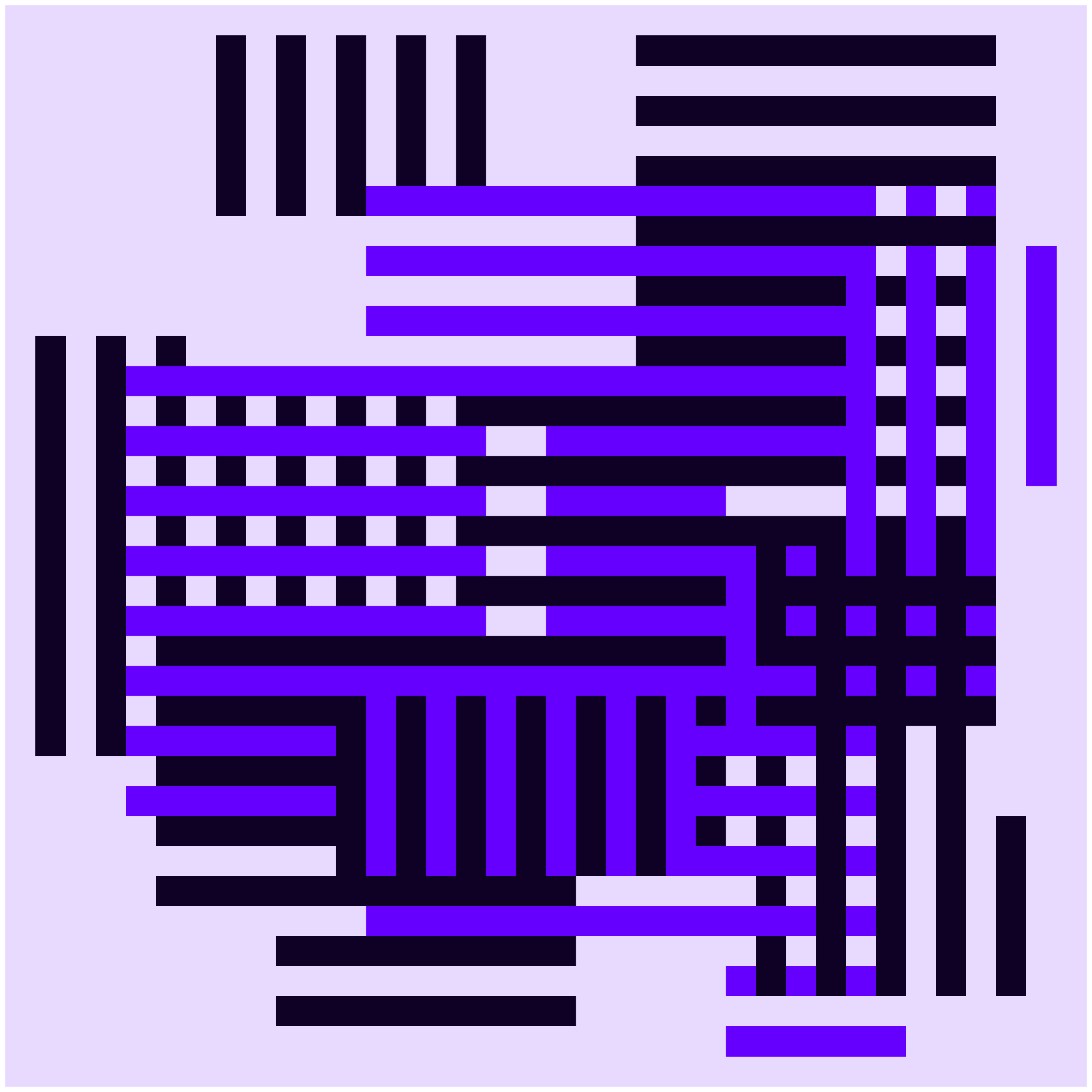 Construction Token #0 by Jeff Davis: interlocking violet, black and pale-lilac bars laid out on a square field, the first output of one of the three Art Blocks genesis projects.