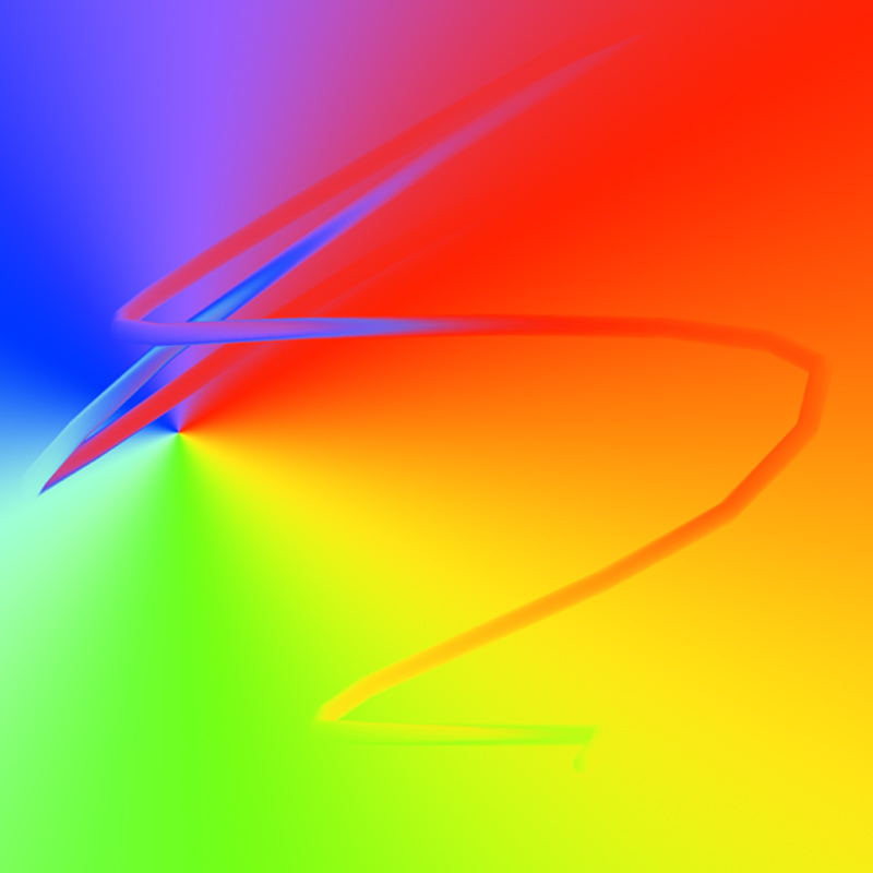 The 2007 Photoshop gradient and smudge tool demonstration from Cory Arcangel's own catalogue of works: a full-spectrum radial gradient dragged and smudged into looping ribbon forms.