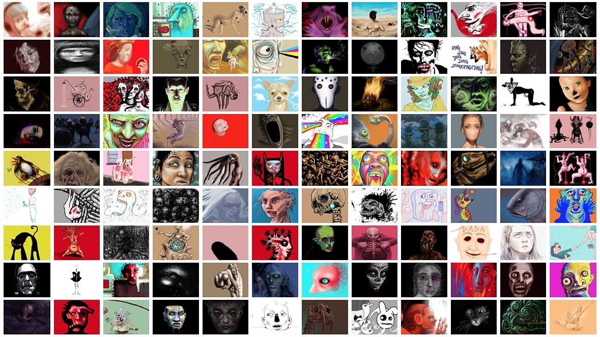 The complete Creeps & Weirdos collection shown as a grid of thumbnails on DADA's own project site -- the 108 drawings by 30 artists released on Halloween 2017.